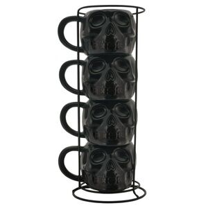 Black Skull Mug Set 4 with Stand Halloween Stacking Mugs Coffee Black Cup OW